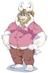  2022 anthro asgore_dreemurr belly big_belly bottomwear bovid caprine clothing eyewear glasses goat hi_res lewdookami male mammal mature_male overweight overweight_male pants shirt simple_background solo topwear undertale_(series) white_body 