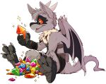 2024 anthro black_body black_pawpads black_scales blue_body blue_fur claws dewclaw dirtybird drackal feet foot_focus full_pad fur gem generation_4_pokemon hi_res horn hybrid kobold lost_in_chaos_scar male neck_tuft nintendo orange_eyes padded_palms pawpads paws pokemon pokemon_(species) riolu scales scalie scaly_pawpads squirrel_(lost_in_chaos) squirrel_(razim) tail tail_spines tan_body tan_fur toe_claws treasure tuft wings