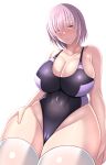  1girl :o absurdres bangs black_one-piece_swimsuit blush breasts cameltoe cleavage collarbone commentary_request competition_swimsuit covered_navel curvy fate/grand_order fate_(series) hand_on_own_thigh highres kanna_(minamozuki) large_breasts looking_at_viewer mash_kyrielight one-piece_swimsuit open_mouth purple_eyes purple_hair shiny shiny_skin short_hair simple_background solo swimsuit taut_clothes taut_swimsuit thick_thighs thighhighs thighs white_background wide_hips 