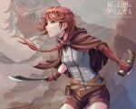  1girl asymmetrical_gloves braid braided_ponytail breasts brown_capelet brown_shorts capelet copyright_name cowboy_shot elbow_gloves fingerless_gloves floating_hair gloves grey_shirt hai_to_gensou_no_grimgar hair_over_shoulder highres holding holding_sheath holding_sword holding_weapon long_hair negative orange_eyes ponytail red_gloves red_hair sheath shiny shiny_hair shirosai_nekocha shirt short_shorts shorts small_breasts solo standing sword unsheathed weapon yume_(grimgar) 