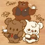  2022 anthro beverage biped brown_body clothed clothing coffee coffee_cup container cup dot_eyes drip_(kumalino) eyewear glasses group kumalino male mammal necktie official_art polar_bear roast_(kumalino) sanrio syrup_(kumalino) text unknown_artist ursid ursine white_body 