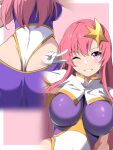 1girl ;d ass borgbutler breasts commentary cropped_legs gloves grin gundam gundam_seed gundam_seed_destiny hair_ornament highleg highleg_leotard highres impossible_clothes impossible_leotard large_breasts leotard long_hair meer_campbell multicolored_leotard multiple_views one_eye_closed pink_background pink_hair purple_eyes shrug_(clothing) sidelocks simple_background smile star_(symbol) star_hair_ornament v v_over_eye white_gloves white_shrug 