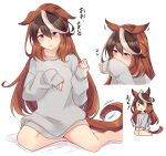  1girl animal_ears brown_hair commentary_request grey_sweater greyscale highres horse_ears horse_girl horse_tail ido_(teketeke) long_hair monochrome multicolored_hair multiple_views purple_eyes seiza simple_background sitting sleeves_past_wrists smelling sweater symboli_rudolf_(umamusume) tail translation_request umamusume white_background white_hair 