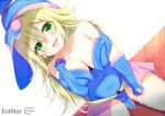  1girl :d aties20 bangs blonde_hair blue_dress blue_headwear blue_sleeves blush breasts cleavage commentary_request dark_magician_girl detached_sleeves dress duel_monster dutch_angle green_eyes hair_between_eyes hand_up large_breasts long_hair long_sleeves looking_at_viewer sitting sleeves_past_wrists smile solo very_long_hair white_background yu-gi-oh! 