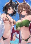  2girls absurdres animal_ears bikini black_hair blue_sky breasts brown_bikini brown_hair cloud day green_bikini hair_ornament highres holding_hands horse_ears horse_girl jacket kitasan_black_(umamusume) kuroshiro_kanae large_breasts long_hair looking_at_viewer multiple_girls navel off-shoulder_bikini off_shoulder red_jacket satono_diamond_(umamusume) short_hair sky swimsuit tracen_training_uniform umamusume water wet 