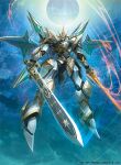  dual_wielding energy_sword english_commentary flying force_of_will holding holding_sword holding_weapon ishida_baru looking_at_viewer mecha no_humans official_art orange_eyes robot sword v-fin weapon 