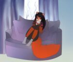 2021 4_toes anthro arms_bent beverage black_bottomwear black_clothing black_gloves black_hair black_handwear black_nose black_shirt black_shorts black_t-shirt black_topwear blue_curtains blue_eyes bottomwear breasts cleavage clothed clothing colored container cup digital_drawing_(artwork) digital_media_(artwork) ear_piercing ear_ring english_description feet female female_anthro fingerless_gloves fluffy fluffy_tail fully_clothed fully_clothed_anthro fully_clothed_female fur furniture gloves grey_body grey_fur gwen_gladys_vega hair handwear hi_res holding_beverage holding_container holding_cup holding_object holding_tea_cup inside light lighting long_hair long_tail mammal multicolored_body multicolored_fur on_sofa orange_body orange_fur orange_tail pallid-panda paws piercing pillow plant purple_pillow purple_sofa ring_piercing rodent sciurid shaded shirt shorts sitting sitting_on_sofa sofa solo t-shirt tail tan_body tan_fur tan_inner_ear tea_bag tea_cup toes topwear tree tree_squirrel two_tone_body two_tone_fur window window_curtains