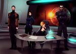  2boys 2girls absurdres asymmetrical_hair beard belt black_belt black_footwear black_hair black_pants blonde_hair blue_dress blue_eyes boots breasts brown_hair capital_ship_(eve_online) cleavage closed_mouth collarbone collared_shirt commentary crossed_arms damillia_seraph desk dreadnought_(eve_online) dress eve_online facial_hair facial_tattoo full_body gradient_hair grey_eyes hand_on_own_hip hands_up high_heels highres hologram indoors jacket large_breasts lips long_sleeves looking_at_viewer medium_breasts minmatar_republic_(eve_online) multicolored_hair multiple_boys multiple_girls mustache naglfar_(eve_online) nose on_chair orange_eyes original pants parted_lips planet red_lips science_fiction shadow shirt short_dress short_hair sitting space spacecraft spacecraft_interior standing star_(sky) sternocleidomastoid_muscle sunglasses tattoo two-tone_hair uliel very_short_hair 