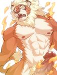  anthro blonde_hair erection fire genitals hair hi_res hybrid japanese_text looking_angry magnos_(world_flipper) male nude pecs penis shirako solo tail_tuft text tuft world_flipper 