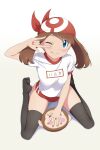  1girl absurdres arm_up bandana bangs black_thighhighs blue_eyes blush brown_hair buruma character_name closed_mouth commentary full_body gym_uniform highres looking_at_viewer may_(pokemon) nail_polish one_eye_closed pink_nails pokemon pokemon_(anime) pokemon_rse_(anime) red_bandana red_buruma scarletsky shirt short_sleeves smile solo thighhighs tongue tongue_out white_background white_shirt 