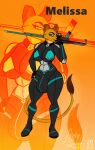  absurd_res agron_u anthro blue_eyes clothing english_text felid gun gynomorph hi_res intersex lion mammal melissa pantherine ranged_weapon rifle simple_background sniper_rifle solo suit tall text weapon yellow_body 