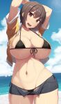 1girl :d areola_slip arms_behind_head arms_up beach bikini black_bikini blue_sky breasts brown_eyes brown_hair cleavage collarbone covered_nipples day denim denim_shorts highres horizon huge_breasts jacket looking_at_viewer micro_bikini midriff mixed-language_commentary navel ocean open_mouth original outdoors samegami short_shorts short_sleeves shorts sky smile solo stomach swimsuit thighs unbuttoned_shorts underboob wet wide_hips yellow_jacket 