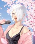  1girl absurdres angel_(kof) bare_shoulders black_tank_top blue_eyes breasts crop_top dan_koflove hair_over_one_eye highres holding holding_microphone large_breasts looking_at_viewer microphone music off-shoulder_sweater off_shoulder singing snk sweater tank_top the_king_of_fighters the_king_of_fighters_2001 the_king_of_fighters_xiv white_hair 