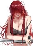  1girl bangs bare_shoulders black_tank_top breasts covered_eyes crop_top dan_koflove facing_viewer hair_over_eyes highres large_breasts long_bangs long_hair looking_at_viewer open_mouth red_hair shermie_(kof) smile solo tank_top the_king_of_fighters the_king_of_fighters_&#039;97 the_king_of_fighters_xv 