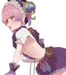  1girl atelier_(series) atelier_lydie_&amp;_suelle bent_over blush breasts downblouse extended_downblouse frilled_hairband frills from_side gloves gradient_hair hair_ornament hairband lydie_marlen multicolored_hair nipples open_mouth pink_eyes pink_hair purple_hair purple_skirt ribs side_ponytail sideless_outfit simple_background skirt small_breasts smile solo sumiyao_(amam) two-tone_hair upper_body white_background 