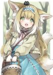  1girl absurdres alternate_costume alternate_hairstyle animal_ear_fluff animal_ears animal_on_head arknights basket black_cat blonde_hair blue_hairband blue_skirt blush border cardigan cat cowboy_shot fox_ears fox_girl fox_tail frilled_hairband frills green_eyes hair_down hairband highres holding holding_basket kitsune long_hair long_sleeves looking_at_viewer multicolored_hair multiple_tails neck_ribbon on_head open_cardigan open_clothes open_mouth outside_border red_ribbon ribbon semi_colon shirt skirt solo streaked_hair suzuran_(arknights) tail teeth tree upper_teeth white_border white_hair white_shirt yellow_cardigan 