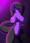  abby_(therobd) absurd_res anthro black_body breasts cobra female genitals hands_behind_head hi_res lizard looking_down male pink_eyes purple_body pussy reptile scalie simple_background snake solo therobd 