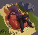 2025 3_fingers absurd_res all_fours ambiguous_anthro ambiguous_gender ambiguous_pred anthro anthro_pred artist_name belly belly_on_ground big_belly big_tail biped black_clothing black_hoodie black_text black_topwear bodily_noises body_outline bottomless bottomless_ambiguous bottomless_anthro boulder butt butt_outline cast_shadow claws clothed clothed_ambiguous clothed_anthro clothing countershade_belly countershade_scales countershade_tail countershade_torso countershading curved_text day derived_sound_effect detailed_background digestion digestion_noises digital_media_(artwork) digitigrade english_description english_text exclamation_point finger_claws fingers frill_(anatomy) full-length_portrait fully_inside furgonomic_headwear furgonomic_hood furgonomics glistening glistening_back glistening_belly glistening_body glistening_face glistening_scales grass green_text head_crest head_frill hi_res high-angle_view hood hood_up hoodie hoodie_only huge_belly imprint leezpunk light lighting lizard long_sleeves looking_at_belly looking_at_own_belly looking_back looking_back_at_self looking_down looking_down_at_belly looking_down_at_self lying lying_on_ground monotone_back monotone_belly monotone_butt monotone_face monotone_legs motion_lines mph! muffled multicolored_body multicolored_scales multicolored_tail nature nature_background on_front on_ground onomatopoeia orange_belly orange_body orange_claws orange_scales orange_tail outside pal_(species) palworld path plant pocketpair portrait pupils purple_back purple_body purple_butt purple_face purple_feet purple_hands purple_legs purple_scales purple_tail reptile resting_on_belly rock rumbling_stomach same_size_vore scales scalie shaded shadow slorsh soft_shading soft_vore solo sound_effects spiked_tail spikes spikes_(anatomy) tail tapering_tail tcsrjx text thick_tail three-quarter_view toe_claws topwear topwear_only two_tone_body two_tone_scales unseen_prey vore vowelless vowelless_sound_effect watermark white_text_outline yellow_frill yellow_sclera yellow_spikes