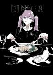  3girls ahoge bags_under_eyes blue_eyes chibi commentary croquette cup drinking_glass english_text food fork fujita_kotone furrowed_brow gakuen_idolmaster green_hair grin half-closed_eyes highres holding holding_fork holding_knife idolmaster imminent_eating in_food jacket kaya_rinha knife long_hair long_sleeves looking_at_another meal mini_person minigirl multiple_girls nervous_sweating on_plate osakana_(denpa_yun&#039;yun) partially_colored purple_hair shirt simple_background smile sweat symbol-only_commentary table tsukimura_temari twintails wine_glass 