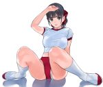 1girl :p black_hair blue_eyes bow bralines breasts buruma cameltoe commentary_request gym_shirt gym_uniform hair_bow hand_on_own_head highres kneehighs looking_at_viewer mibu_natsuki midriff original panties panties_under_buruma panty_peek partially_visible_vulva ponytail red_bow red_buruma shirt shoes sitting socks solo spread_legs sweat tongue tongue_out underwear uwabaki white_shirt white_socks 