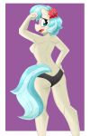  2022 5_fingers absurd_res accessory anthro anthrofied black_clothing black_panties black_underwear blue_eyes blue_hair blue_tail blush bottomwear breasts butt clothed clothing coco_pommel_(mlp) digital_media_(artwork) earth_pony equid equine eyelashes female fingers flower flower_in_hair flutterthrash friendship_is_magic hair hair_accessory hasbro hi_res horse humanoid_hands looking_back mammal my_little_pony panties plant pony solo tan_body topless topless_female underwear 