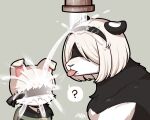  2022 black_blindfold black_body black_ears black_fur blindfold canid canine canis domestic_dog duo felid feral feralized floppy_ears fur hair mammal missaka nier_automata pantherine pink_tongue question_mark snow_leopard speech_bubble tongue tongue_out water 