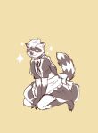  anthro blush cheek_tuft clothed clothing crossdressing eyebrows facial_markings facial_tuft fur gloves_(marking) hair head_markings hi_res inner_ear_fluff kneeling leg_markings looking_at_viewer maid_uniform male mammal markings mask_(marking) mouth_closed pache_riggs procyonid raccoon restricted_palette short_hair simple_background socks_(marking) solo sparkles striped_body striped_fur striped_markings striped_tail stripes tail_markings tuft uniform unsigned 