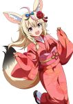  1girl absurdres ahoge alternate_costume animal_ear_fluff animal_ears black_hair blonde_hair blue_bow bow commentary flower fox_ears fox_girl fox_tail geta hair_bow hair_flower hair_ornament heart heart-shaped_pupils highres hololive japanese_clothes kimono kishishi_(kishiman-ya) looking_at_viewer medium_hair multicolored_hair omaru_polka open_mouth pink_hair purple_eyes red_kimono smile solo streaked_hair symbol-shaped_pupils tail teeth thighhighs upper_teeth_only virtual_youtuber white_background white_thighhighs 
