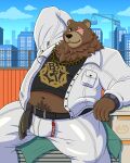 4:5 absurd_res anthro armpit armpit_showing bear belly belly_peeking_out belt belt_buckle ben_bigger big_belly big_breasts big_bulge big_pecs bottomwear breasts brown_body brown_fur buckle bulge city city_background cityscape claws clothing construction_equipment construction_worker eye_scar facial_scar fur furry_neck gold_(metal) gold_jewelry hi_res jacket jewelry laying_on_arm looking_at_viewer male mammal mihoyo navel neck_chain necklace neruk overweight pants pecs pubes scar sitting sleeping smile smiling_at_viewer snout solo sound_effects topwear vowelless vowelless_sound_effect zenless_zone_zero zzz