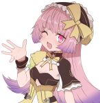  1girl asymmetrical_sleeves atelier_(series) atelier_lydie_&amp;_suelle blush bow breasts cleavage dress fang frilled_hairband frills gradient_hair hair_bow hairband hand_up long_hair looking_at_viewer multicolored_hair one_eye_closed open_mouth pink_eyes pink_hair purple_hair short_sleeves simple_background small_breasts smile solo suelle_marlen sumiyao_(amam) two-tone_hair upper_body white_background wrist_cuffs yellow_bow 