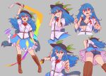  1girl black_hat blood blood_on_clothes blue_hair boots bow bra breasts brown_footwear clenched_hands food frills fruit full_body glasses grey_background hat highres hinanawi_tenshi holding holding_sword holding_weapon kaden_(muxt8423) leaf long_hair looking_at_viewer multiple_views peach puffy_sleeves red_bow red_eyes shirt short_sleeves simple_background single_bare_shoulder skirt small_breasts sparkle standing sword sword_of_hisou torn_clothes touhou underwear weapon 
