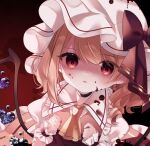  1girl :o alternate_wings ascot blonde_hair blood blood_on_clothes blood_on_face cacao_(cacaomgmg) clenched_hands collared_shirt flandre_scarlet frilled_shirt_collar frilled_skirt frilled_sleeves frills hat looking_at_viewer medium_hair mob_cap open_mouth puffy_short_sleeves puffy_sleeves purple_eyes red_background red_skirt red_vest shirt short_sleeves simple_background skirt solo touhou upper_body vest white_headwear white_shirt wings wrist_cuffs yellow_ascot 