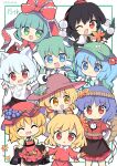  6+girls aki_minoriko aki_shizuha animal_ears apron autumn_leaves backpack bag bangs bare_shoulders bird_wings black_skirt black_wings blonde_hair blouse blue_eyes blue_hair blue_jacket blunt_bangs blush bow bowtie brown_headwear cabbie_hat chibi closed_eyes closed_mouth commentary_request detached_sleeves dress feathered_wings flat_cap frilled_ribbon frilled_sleeves frills frog frog_hair_ornament gohei grape_hat_ornament green_bag green_eyes green_hair green_headwear hair_bobbles hair_ornament hair_ribbon hair_tubes hand_fan happy hat hauchiwa highres holding holding_fan inubashiri_momiji jacket jewelry juliet_sleeves kagiyama_hina key_necklace kochiya_sanae layered_sleeves leaf leaf_hair_ornament long_hair long_skirt long_sleeves maple_leaf medium_hair mob_cap moriya_suwako mountain_of_faith multiple_girls neck_ribbon necklace one_eye_closed oonusa open_mouth orange_apron orange_eyes orange_hair orange_shirt orange_skirt orange_vest pom_pom_(clothes) puffy_short_sleeves puffy_sleeves purple_hair pyonta ramudia_(lamyun) red_bow red_bowtie red_dress red_eyes red_headwear red_ribbon red_shirt ribbon shameimaru_aya shirt short_hair short_over_long_sleeves short_sleeves sidelocks skirt skirt_basket skirt_hold skirt_set snake_hair_ornament tail tokin_hat touhou turtleneck twintails very_long_hair vest white_hair white_shirt white_vest wide_sleeves wings wolf_ears wolf_tail yasaka_kanako yellow_eyes yellow_shirt 