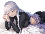  1girl 3_small_spiders ak-12_(girls&#039;_frontline) ass bangs black_pants black_shirt blush breasts closed_eyes closed_mouth commentary crop_top feet_out_of_frame girls&#039;_frontline grey_hair hand_on_hand highres long_hair long_sleeves lying medium_breasts on_bed on_stomach pants shirt sidelocks simple_background smile solo tactical_clothes turtleneck upper_body 