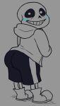  2022 animated_skeleton anterior_nasal_aperture blue_blush blush bone bottomwear butt butt_focus clothing footwear grey_background grin hoodie humanoid keithenel looking_at_viewer looking_back male not_furry sans_(undertale) shorts simple_background skeleton smile solo standing teeth topwear undead undertale undertale_(series) video_games 