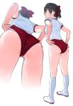  1girl adjusting_buruma adjusting_clothes adjusting_panties ass bow bralines buruma commentary_request cropped_legs facing_away from_behind frown full_body hair_bow highres kneehighs kneepits looking_at_viewer looking_back mibu_natsuki multiple_views original panties panties_under_buruma ponytail red_bow red_buruma shirt shoes short_sleeves simple_background sleeves_rolled_up socks solo standing sweat underwear uwabaki white_background white_shirt white_socks 
