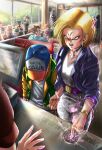  1boy 1girl absurdres android_18 angry blonde_hair blue_eyes camouflage camouflage_pants dragon_ball dragon_ball_z embarrassed excuse_me_he_asked_for_no_pickles_(meme) highres holding_hands indoors jacket kuririn meme muten_roushi pants restaurant sarulart scared son_goku son_goten standing tapping_finger trunks_(dragon_ball) vegeta yamcha 