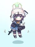  1girl animal_ears animal_helmet bangs black_footwear black_gloves black_hair blue_archive blue_eyes blue_shirt blush breasts chibi fake_animal_ears full_body gloves halo helmet highres knee_pads saki_(blue_archive) shirt shoes skirt solo sorakuu 