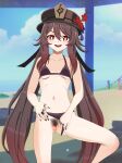  1girl :d aruman beach bikini bikini_aside blue_sky breasts brown_bikini brown_hair censored clothing_aside cloud cloudy_sky collarbone cowboy_shot female_pubic_hair flower flower-shaped_pupils genshin_impact grin hat hat_flower highres horizon hu_tao_(genshin_impact) jewelry long_hair looking_at_viewer mosaic_censoring mountain navel ocean outdoors parasol plum_blossoms porkpie_hat pubic_hair pussy red_eyes ring sky small_breasts smile solo standing standing_on_one_leg straight-on swimsuit symbol-shaped_pupils table thighs twintails umbrella v-shaped_eyebrows 