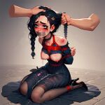  ai-generated arms_behind_back bdsm black_dress black_hair blue_eyes bondage bound bound_arms bound_legs bound_wrists braid collar crotch_rope crying crying_with_eyes_open cum cum_on_clothes domination dress gag gagged high_heels improvised_gag kneeling non-web_source red_rope restrained rope runny_makeup sex_toy shibari shibari_over_clothes slave tape tape_gag tears thighhighs wet 