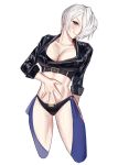  1girl absurdres angel_(kof) bangs black_jacket bra breasts chaps cropped_jacket dan_koflove hair_over_one_eye highres jacket large_breasts leather leather_jacket long_sleeves looking_at_viewer midriff navel snk strapless strapless_bra the_king_of_fighters the_king_of_fighters_xiv underwear 