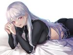  1girl 3_small_spiders ak-12_(girls&#039;_frontline) ass bangs black_pants black_shirt blush breasts commentary crop_top feet_out_of_frame girls&#039;_frontline grey_hair hand_on_hand highres long_hair long_sleeves lying medium_breasts on_bed on_stomach open_mouth pants purple_eyes shirt sidelocks simple_background smile solo tactical_clothes turtleneck upper_body 