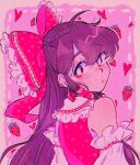  1girl artist_name bare_shoulders bow detached_sleeves dreamysuite earrings film_grain food frills fruit hair_bow hair_tubes hakurei_reimu heart heart_background jewelry long_hair looking_at_viewer looking_back pink_background pink_theme solo strawberry touhou 