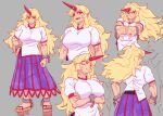  1girl akuma_(street_fighter) arms_under_breasts blonde_hair breasts cracking_knuckles crossed_arms cuffs fangs from_behind grey_background highres horns hoshiguma_yuugi kaden_(muxt8423) large_breasts long_hair looking_at_viewer multiple_views muscular muscular_female open_mouth pointy_ears pout red_eyes shirt short_sleeves shun_goku_satsu simple_background single_horn skirt street_fighter touhou white_shirt 