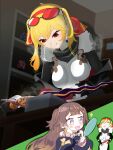  2girls anya_melfissa blacksmith blonde_hair blush breasts breath brown_hair commentary_request dress eyewear_on_head gloves gradient_hair highres hololive hololive_indonesia ikarikaku kaela_kovalskia light_particles long_hair looking_at_mirror looking_down medium_hair mirror multicolored_hair multiple_girls open_mouth purple_eyes red-tinted_eyewear red_eyes smile sparkle sweat sword tinted_eyewear virtual_youtuber weapon 