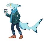  anthro beverage biped black_tip_reefshark boots bottomwear caudal_fin clothed clothing coat coffee coffee_cup container cuffed_jeans cup digital_media_(artwork) dorsal_fin eyewear female fin fish footwear forked_tail full-length_portrait gills glasses hand_in_pocket holding_object marine nessiefynn pockets portrait pupils scarf shark shark_tail simple_background slit_pupils solo topwear unusual_anatomy unusual_tail yellow_eyes 