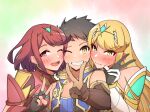  1boy 2girls ;d absurdres bangs bare_shoulders black_gloves blonde_hair blush brown_eyes brown_gloves brown_hair elbow_gloves eyes_visible_through_hair fingerless_gloves girl_sandwich gloves highres multiple_girls mythra_(xenoblade) one_eye_closed osora_(judithandlilith) portrait pyra_(xenoblade) red_eyes red_hair rex_(xenoblade) sandwiched smile swept_bangs tiara v white_gloves xenoblade_chronicles_(series) xenoblade_chronicles_2 yellow_eyes 