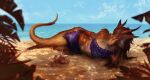  2022 anthro beach breasts clothed clothing day detailed_background digital_media_(artwork) dragon feet female fingers fur furred_dragon hi_res horn isvoc looking_at_viewer outside sand seaside shoreline sky smile toes water wingless_dragon 