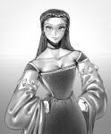  1girl absurdres body_freckles breasts choker cleavage closed_mouth corset dress freckles hands_on_hips highres large_breasts long_sleeves looking_at_viewer medieval original smile solo standing sweat veil wassnonnam wide_sleeves 