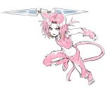  1boy bare_shoulders clenched_hand dede_(qwea_00000) final_fantasy final_fantasy_ix full_body furrowed_brow highres holding holding_weapon low_ponytail male_focus midriff monkey_tail open_mouth parted_bangs pink_eyes pink_fur pink_hair solo tail trance_zidane_tribal weapon white_background zidane_tribal 